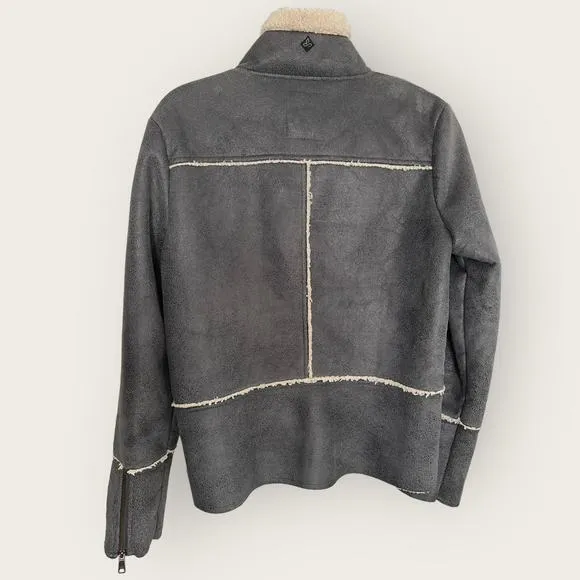 prAna Esme Faux Suede Moto Jacket | Medium | Gray Sherpa Lined Zip Mock Winter