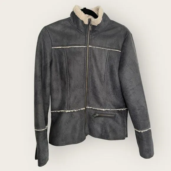 prAna Esme Faux Suede Moto Jacket | Medium | Gray Sherpa Lined Zip Mock Winter