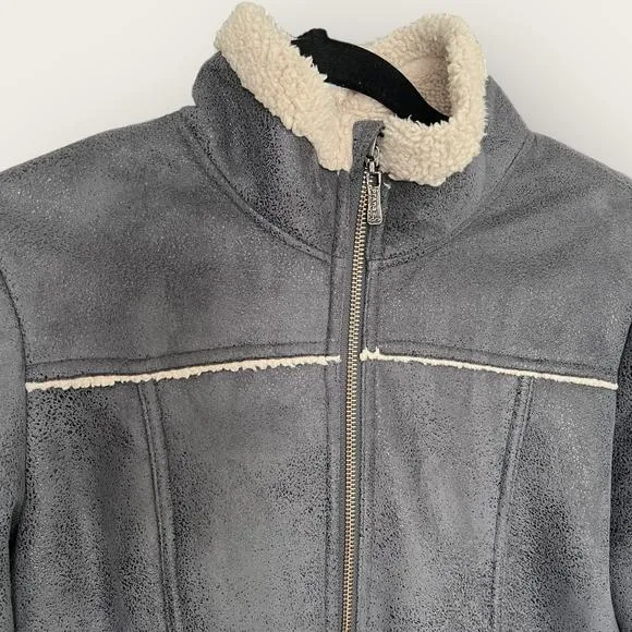 prAna Esme Faux Suede Moto Jacket | Medium | Gray Sherpa Lined Zip Mock Winter