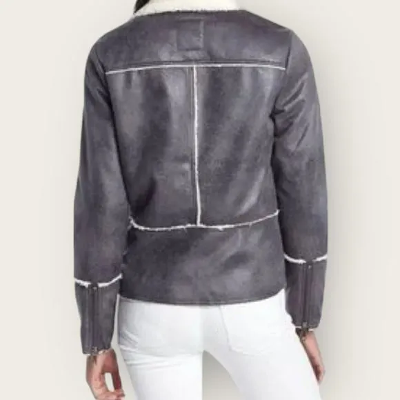 prAna Esme Faux Suede Moto Jacket | Medium | Gray Sherpa Lined Zip Mock Winter