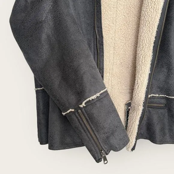 prAna Esme Faux Suede Moto Jacket | Medium | Gray Sherpa Lined Zip Mock Winter