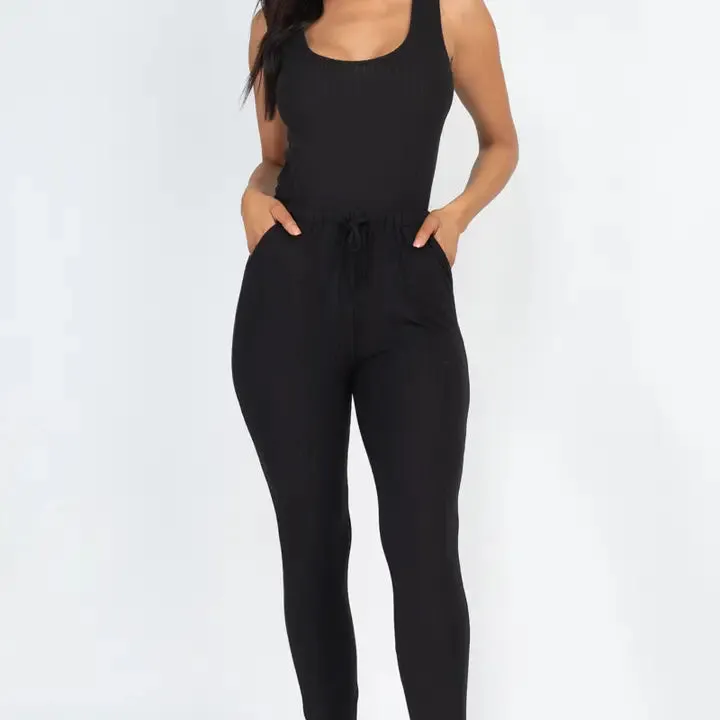 RIBBED SLEEVELESS DRAWSTRING JUMPSUIT - CLEARANCE