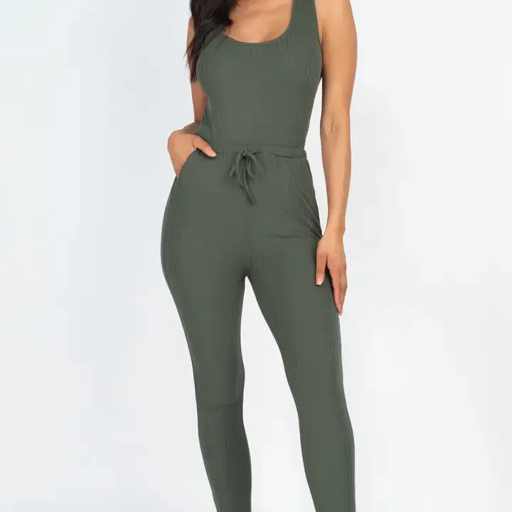 RIBBED SLEEVELESS DRAWSTRING JUMPSUIT - CLEARANCE