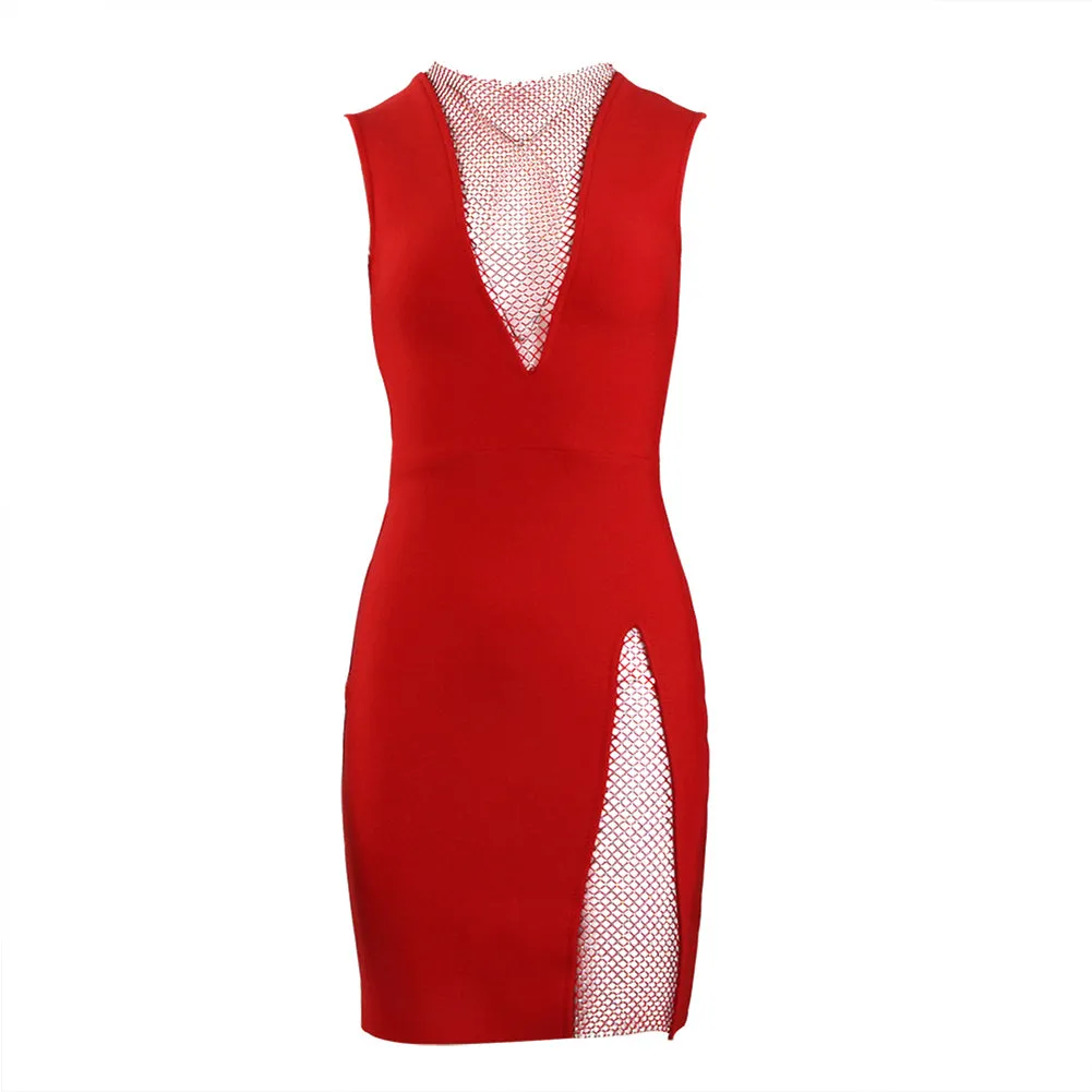 Round Neck Sleeveless Rhinestone Mini Bandage Dress