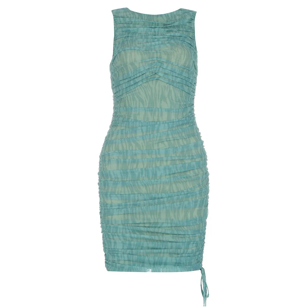 Round Neck Sleeveless Wrinkled Mini Bodycon Dress HB0174