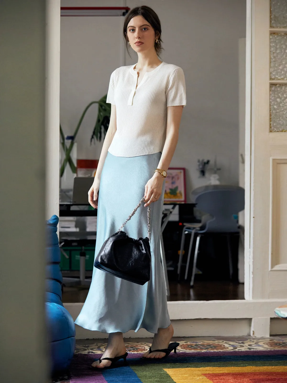 Satin Double Split Fishtail Skirt