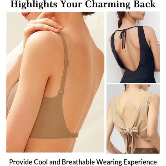 Seamless Low Back Bra Wireless Padded Bralette Thin Straps Comfort Halter