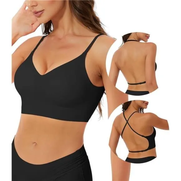 Seamless Low Back Bra Wireless Padded Bralette Thin Straps Comfort Halter