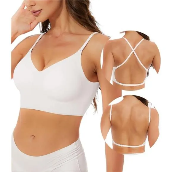 Seamless Low Back Bra Wireless Padded Bralette Thin Straps Comfort Halter