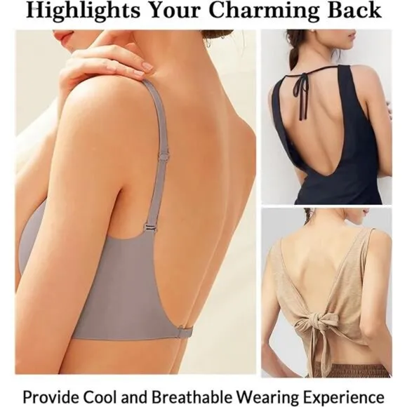 Seamless Low Back Bra Wireless Padded Bralette Thin Straps Comfort Halter