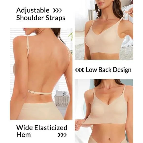 Seamless Low Back Bra Wireless Padded Bralette Thin Straps Comfort Halter