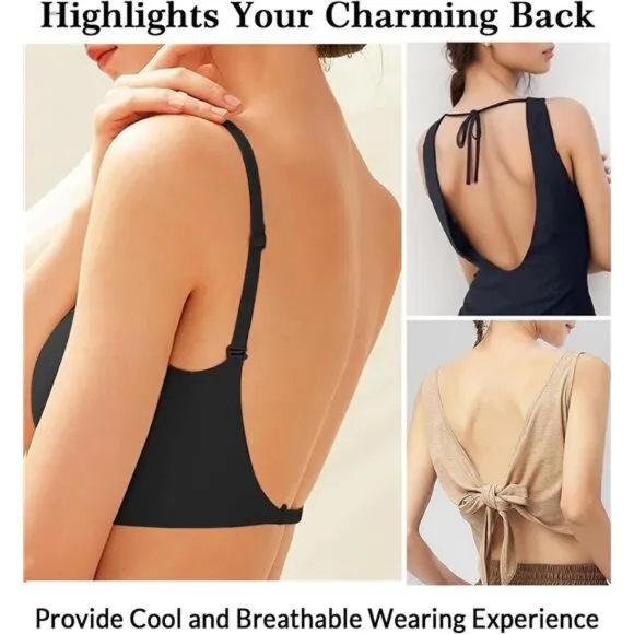 Seamless Low Back Bra Wireless Padded Bralette Thin Straps Comfort Halter