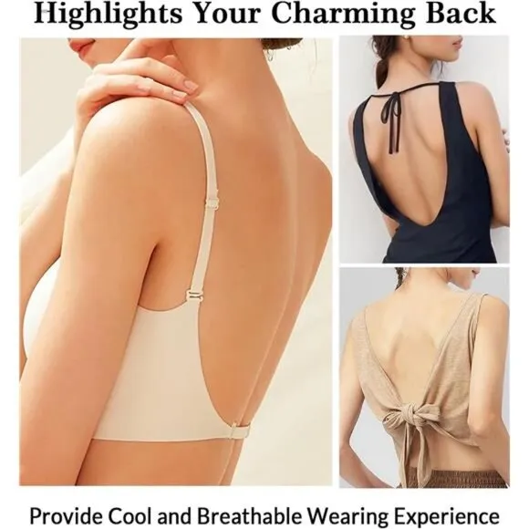 Seamless Low Back Bra Wireless Padded Bralette Thin Straps Comfort Halter