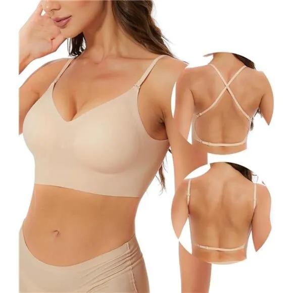 Seamless Low Back Bra Wireless Padded Bralette Thin Straps Comfort Halter