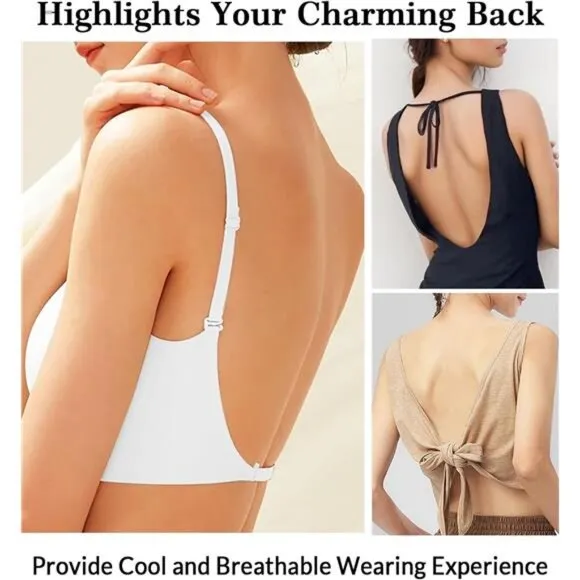 Seamless Low Back Bra Wireless Padded Bralette Thin Straps Comfort Halter