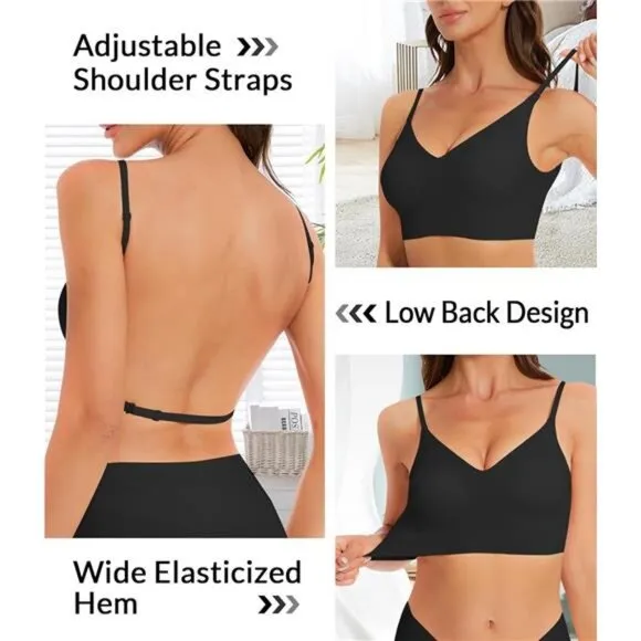 Seamless Low Back Bra Wireless Padded Bralette Thin Straps Comfort Halter