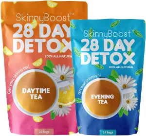 SkinnyBoost 28 Day Detox Tea Kit-1 Daytime Tea (28 Bags) 1 Evening Detox Tea (14 Bags) Non GMO, Vegan, Reduce Bloating, All Natural Detox and Cleanse