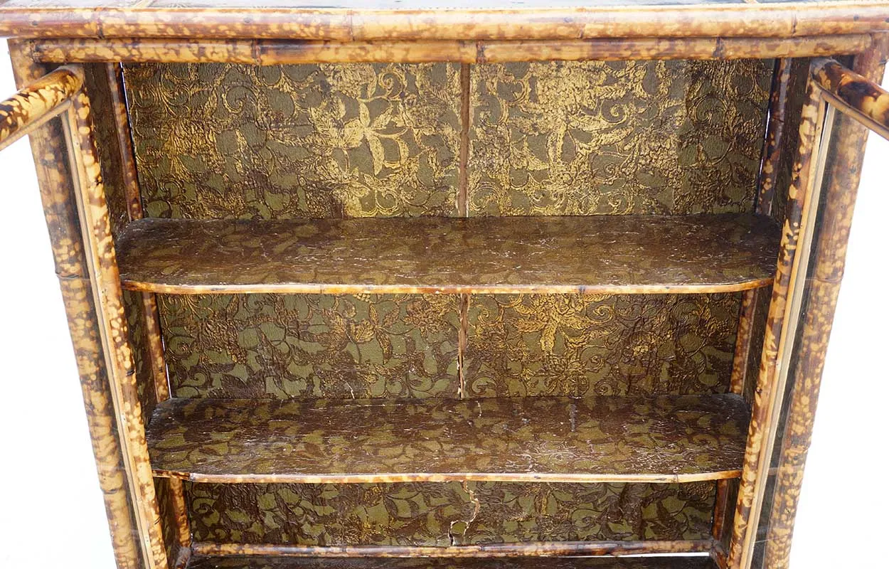 Small English Aesthetic Movement Lacquer, Pine and Bamboo Glazed Door Bookcase