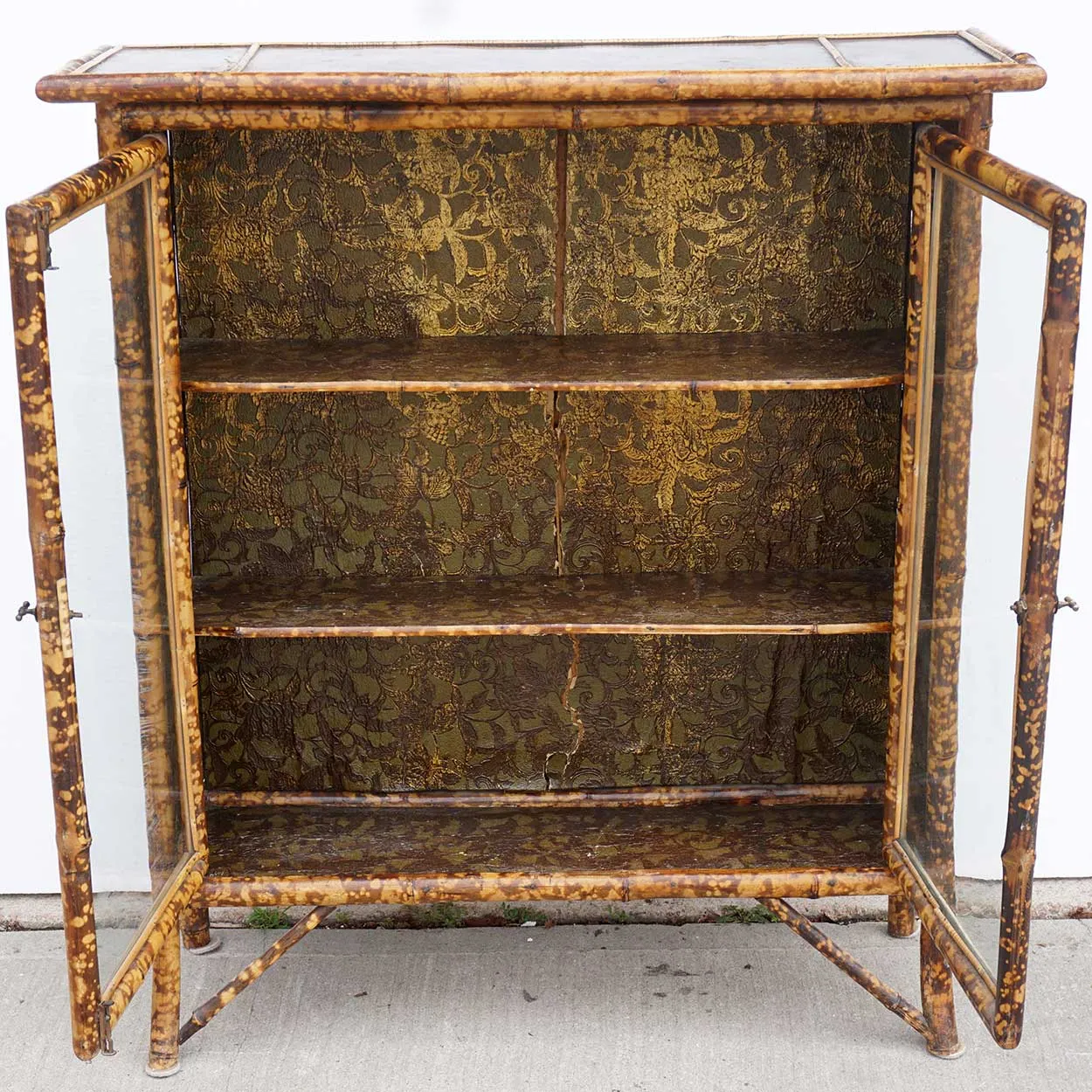 Small English Aesthetic Movement Lacquer, Pine and Bamboo Glazed Door Bookcase