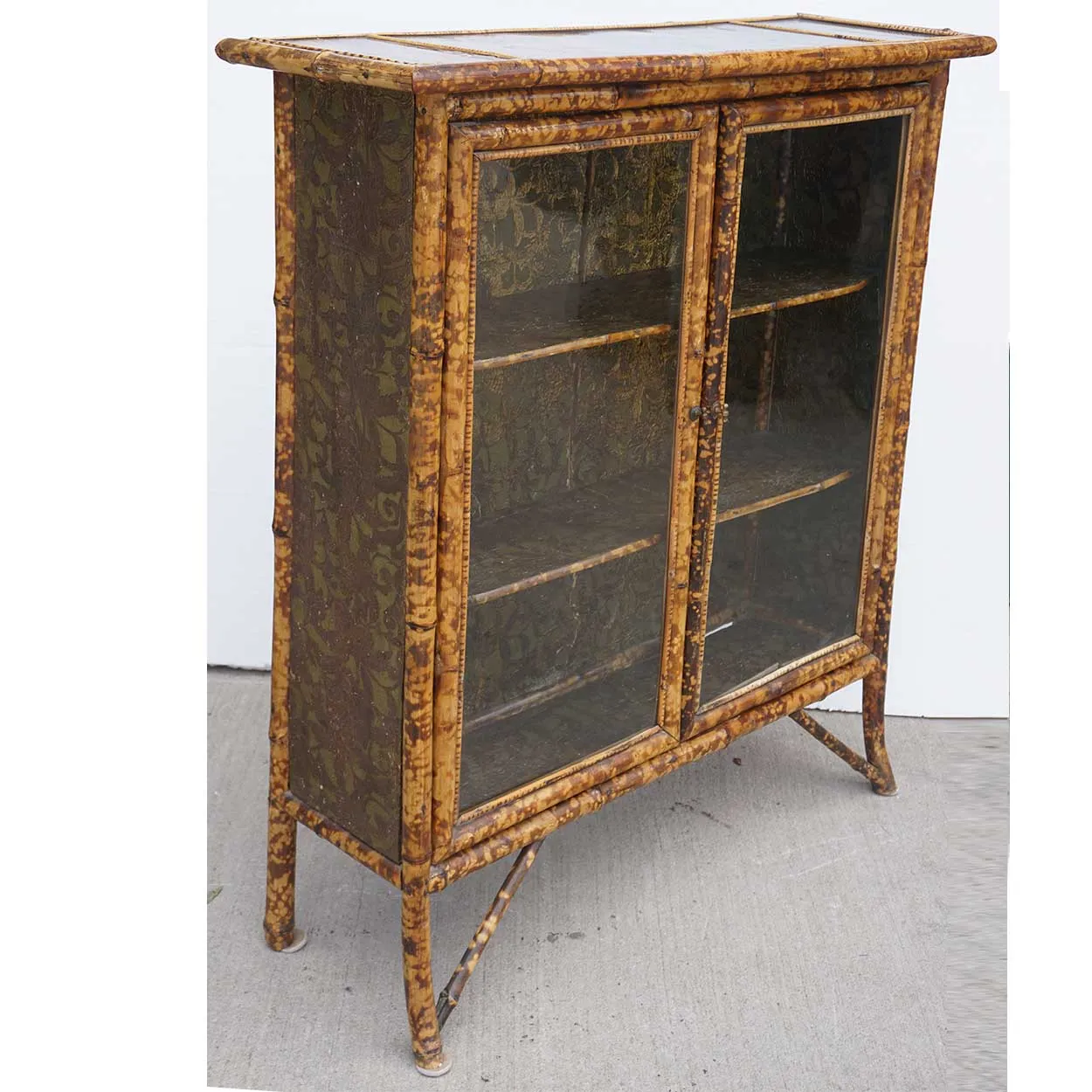 Small English Aesthetic Movement Lacquer, Pine and Bamboo Glazed Door Bookcase