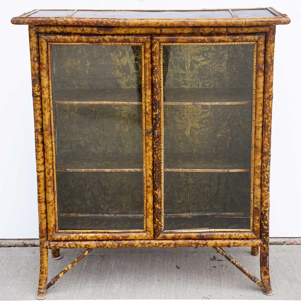 Small English Aesthetic Movement Lacquer, Pine and Bamboo Glazed Door Bookcase