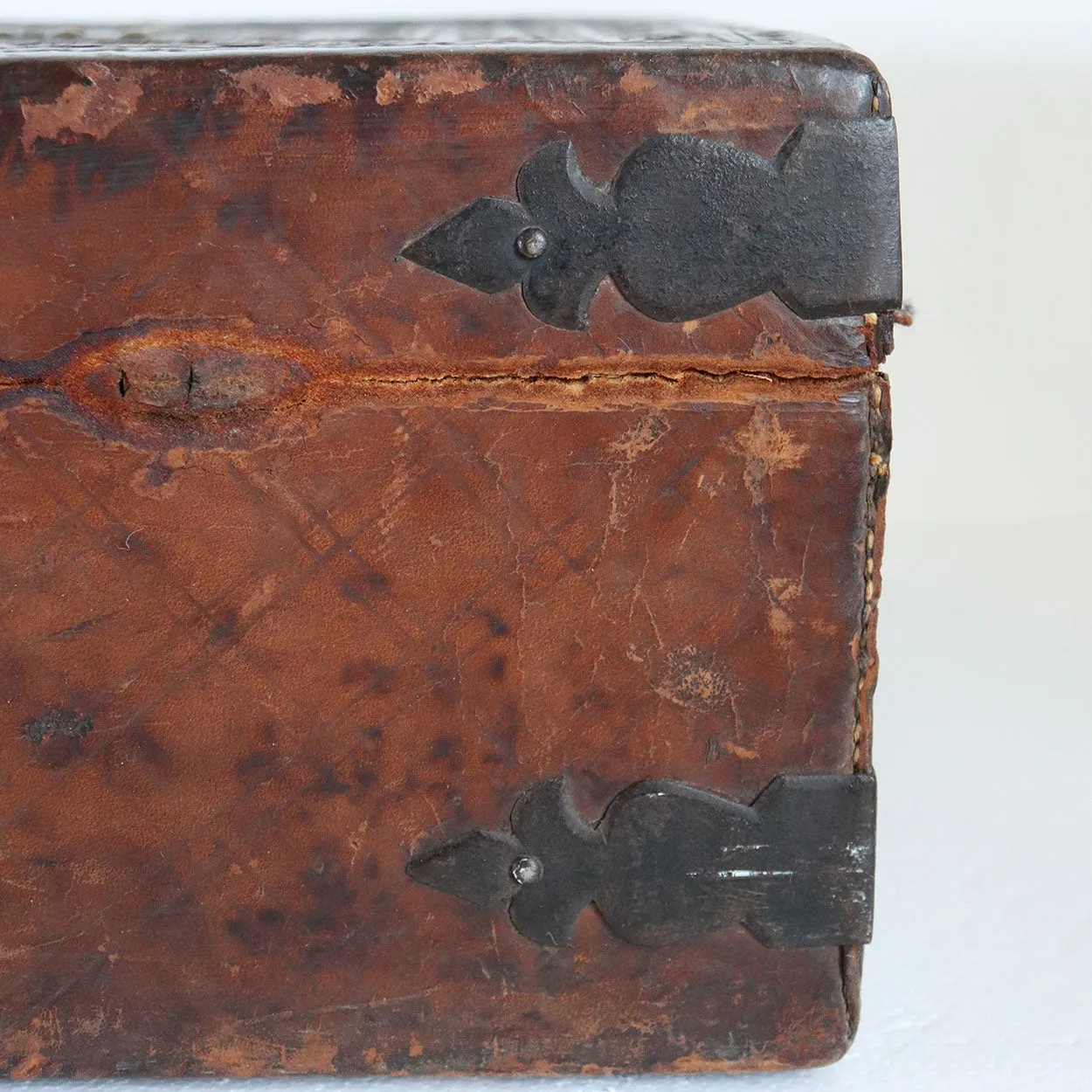 Spanish Baroque Tooled Leather and Iron Mounted Pine Desk / Document Box