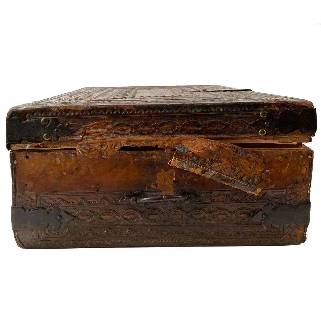 Spanish Baroque Tooled Leather and Iron Mounted Pine Desk / Document Box