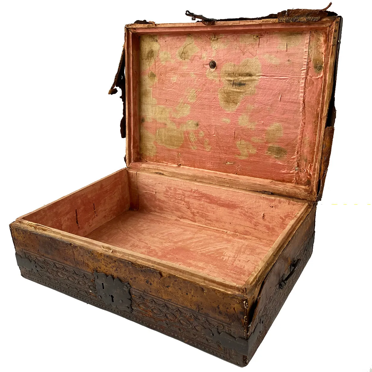 Spanish Baroque Tooled Leather and Iron Mounted Pine Desk / Document Box