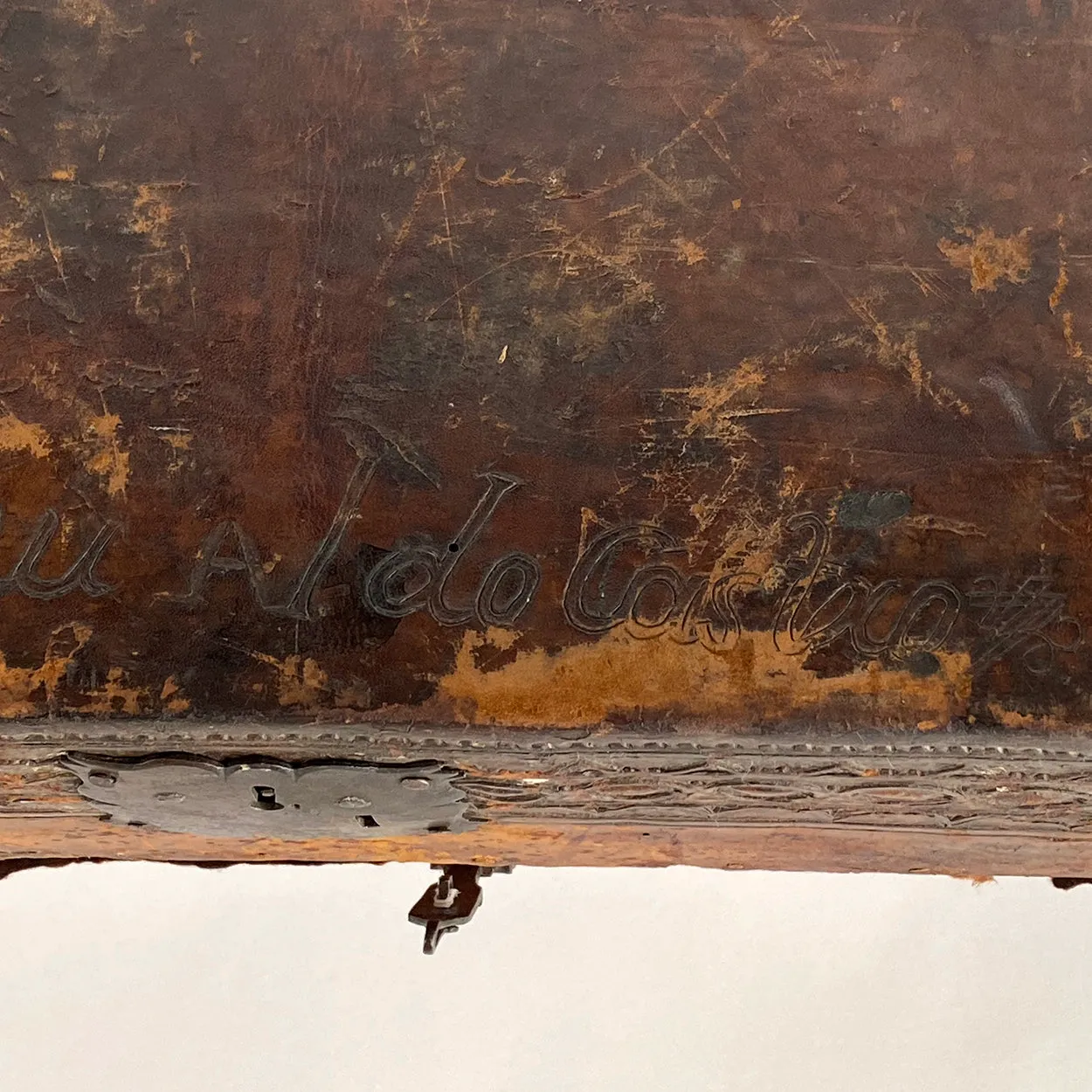 Spanish Baroque Tooled Leather and Iron Mounted Pine Desk / Document Box