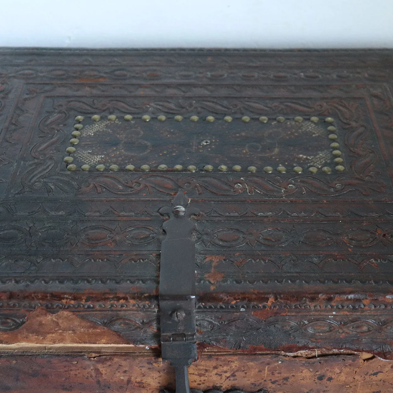 Spanish Baroque Tooled Leather and Iron Mounted Pine Desk / Document Box