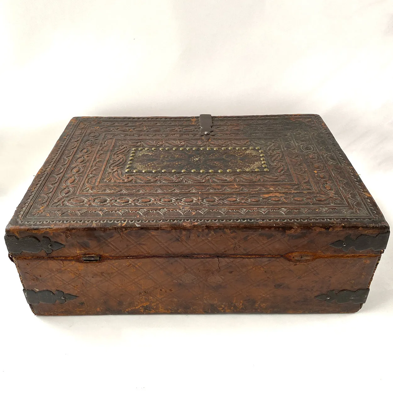 Spanish Baroque Tooled Leather and Iron Mounted Pine Desk / Document Box