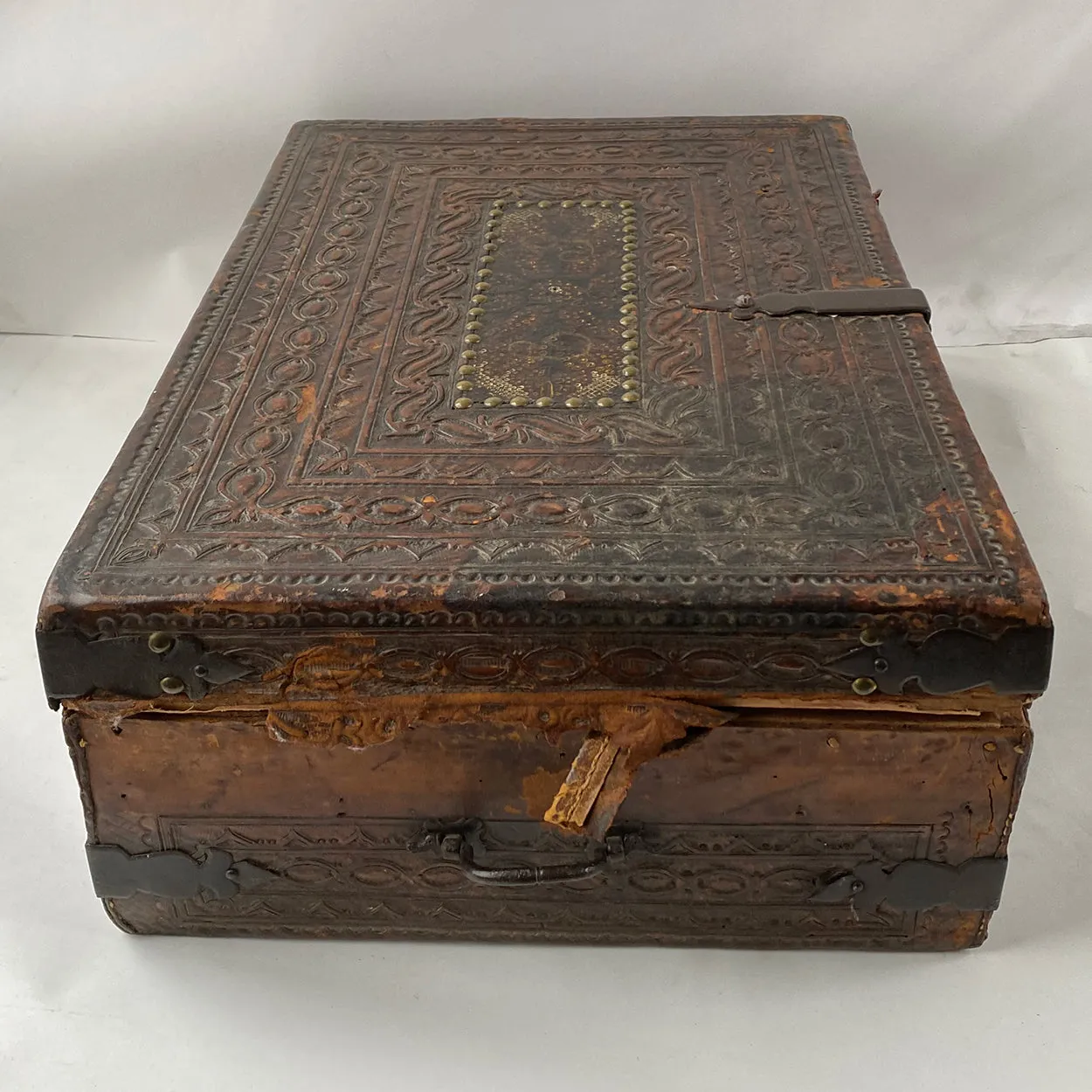 Spanish Baroque Tooled Leather and Iron Mounted Pine Desk / Document Box