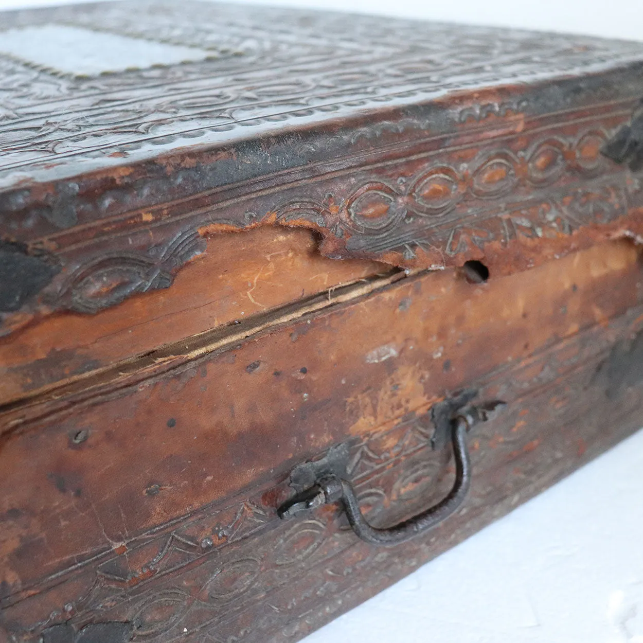 Spanish Baroque Tooled Leather and Iron Mounted Pine Desk / Document Box