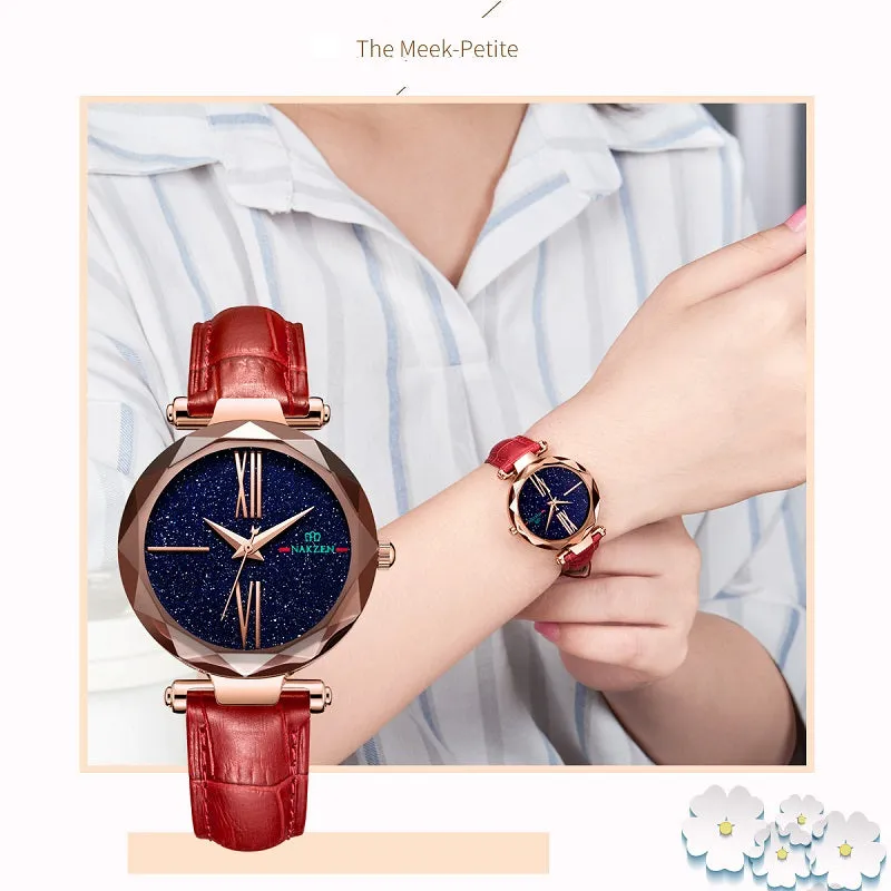 Starry Dial Leather Strap Women's Watch