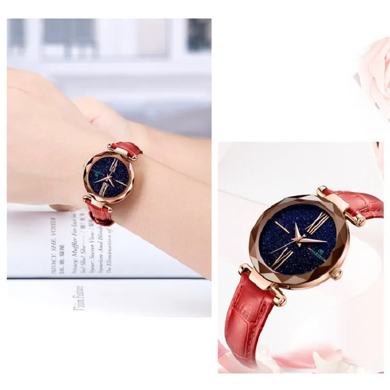 Starry Dial Leather Strap Women's Watch