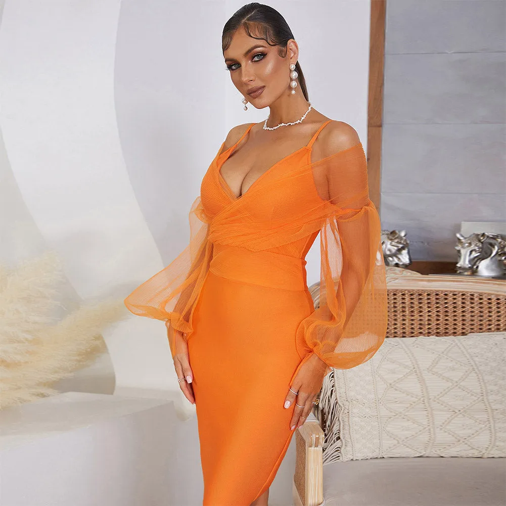 Strappy Long Sleeve Tulle Midi Bandage Dress