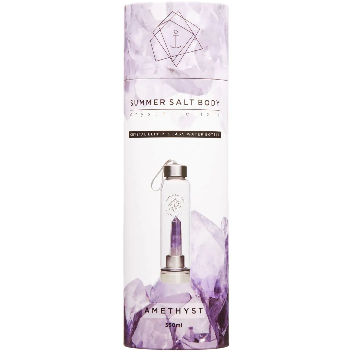 Summer Salt Body Amethyst Crystal Elixir - Glass Water Bottle 550mL   Neoprene Sleeve