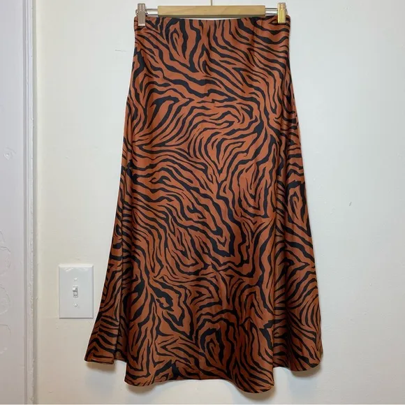 Sweet Baby Jamie | Satin Zebra Print Midi Pull-On Skirt Brown/Black Sz Medium