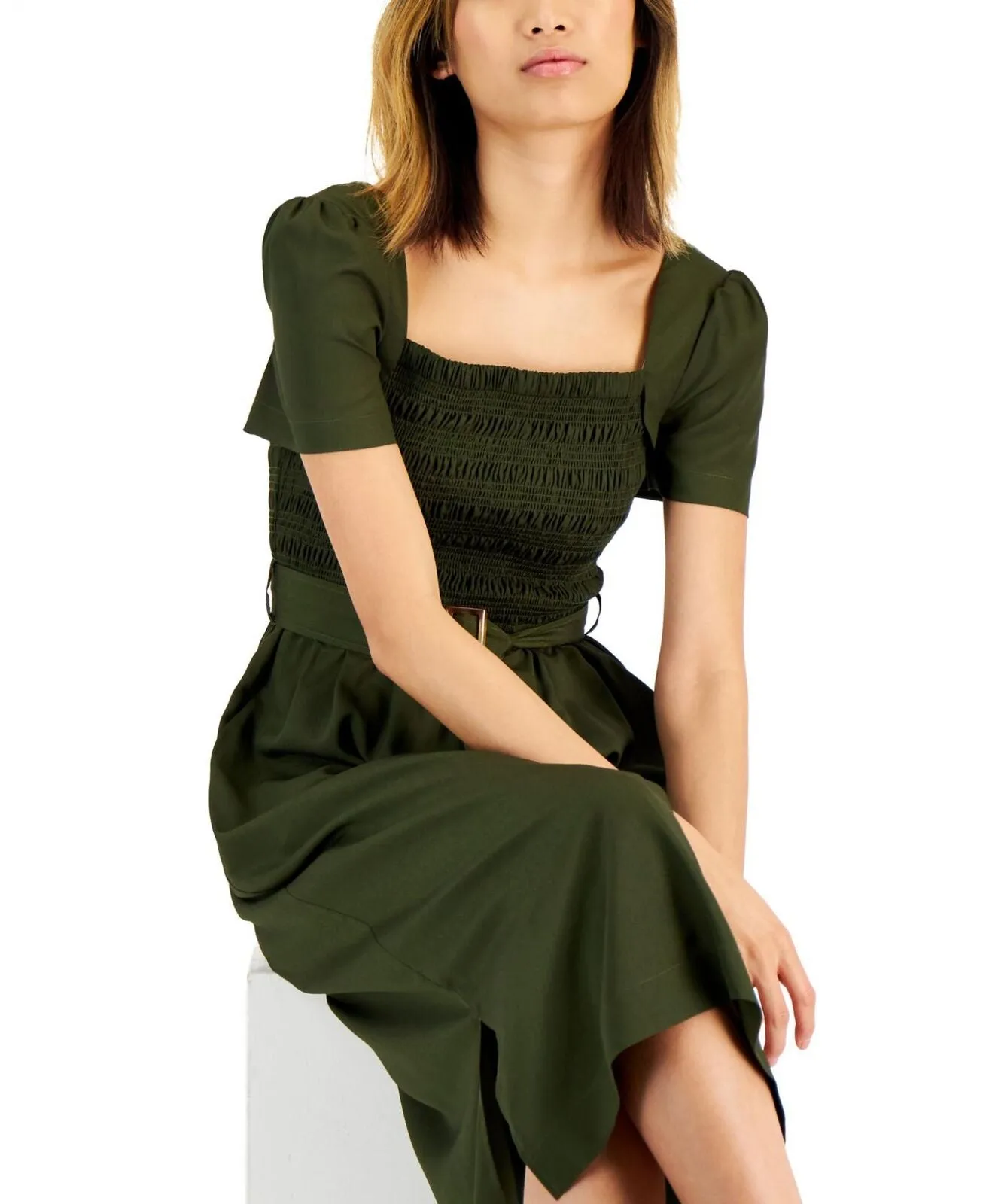 Tahari Asl Pants Women's Smocked-Top Belted Midi Dress 2AM199-T2 Green 8