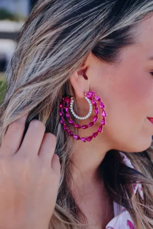 Triple Hoop Crystal Statement Earrings - Pink