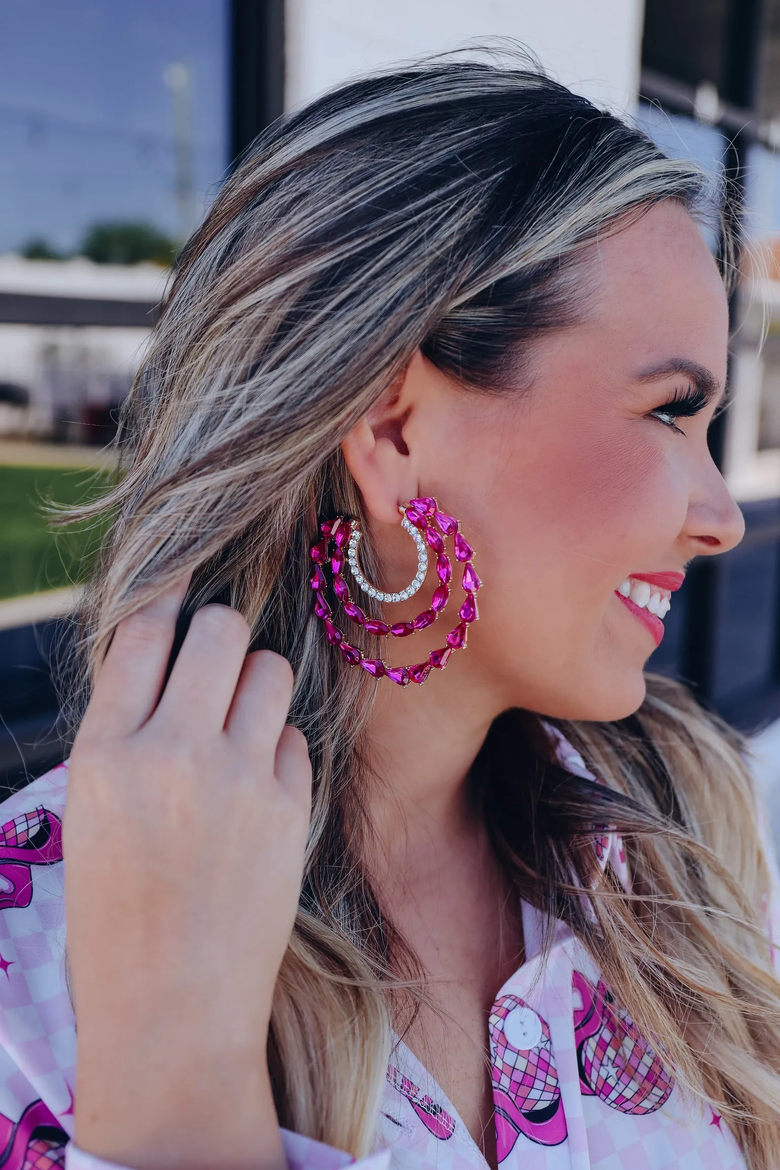 Triple Hoop Crystal Statement Earrings - Pink
