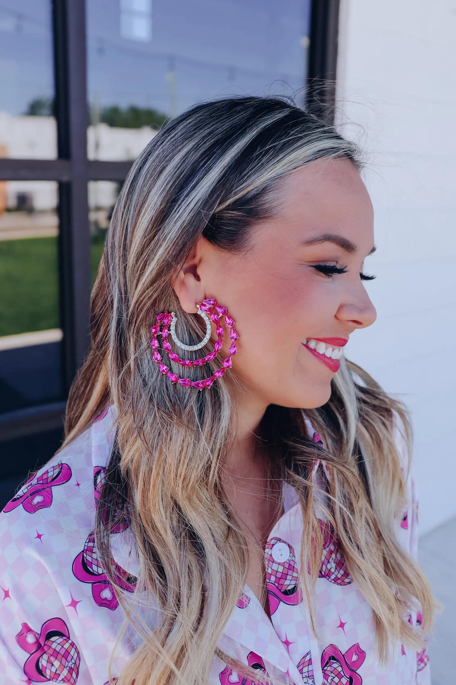 Triple Hoop Crystal Statement Earrings - Pink