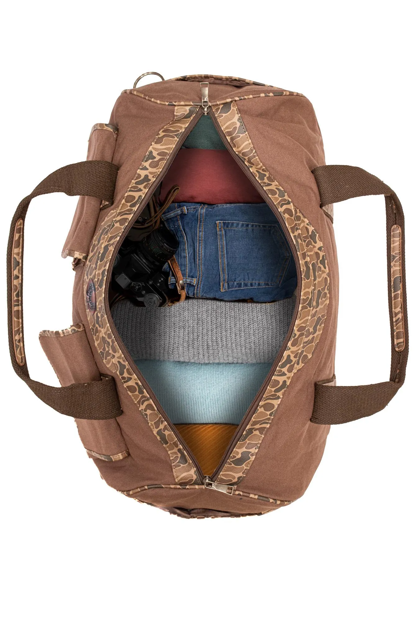 Turkey Brown Waxed Canvas Old School Camo Weekender Bag.