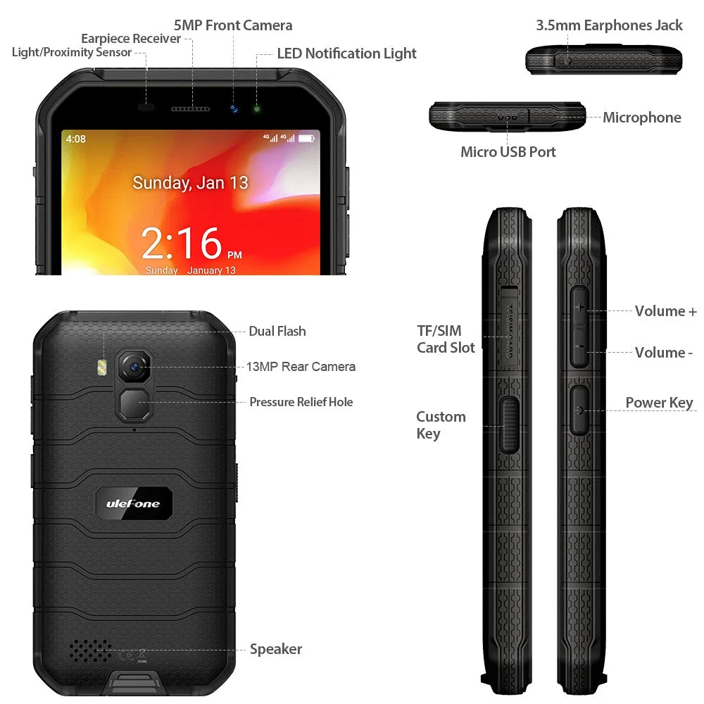 Ulefone Armor X7 5.0-inch Android10 Rugged Smartphone 2GB 16GB ip68 Quad-core Cell Phone NFC 4G LTE Mobile Phone yellow