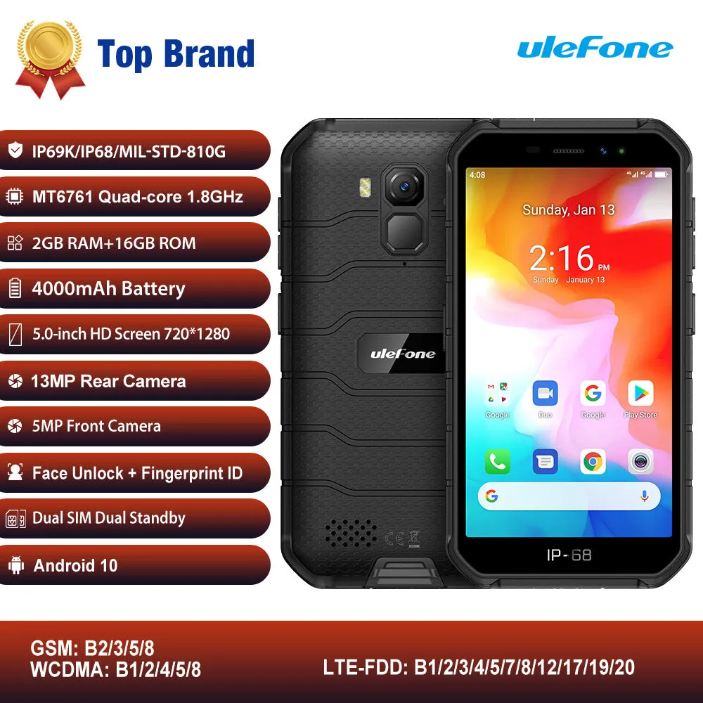 Ulefone Armor X7 5.0-inch Android10 Rugged Smartphone 2GB 16GB ip68 Quad-core Cell Phone NFC 4G LTE Mobile Phone yellow