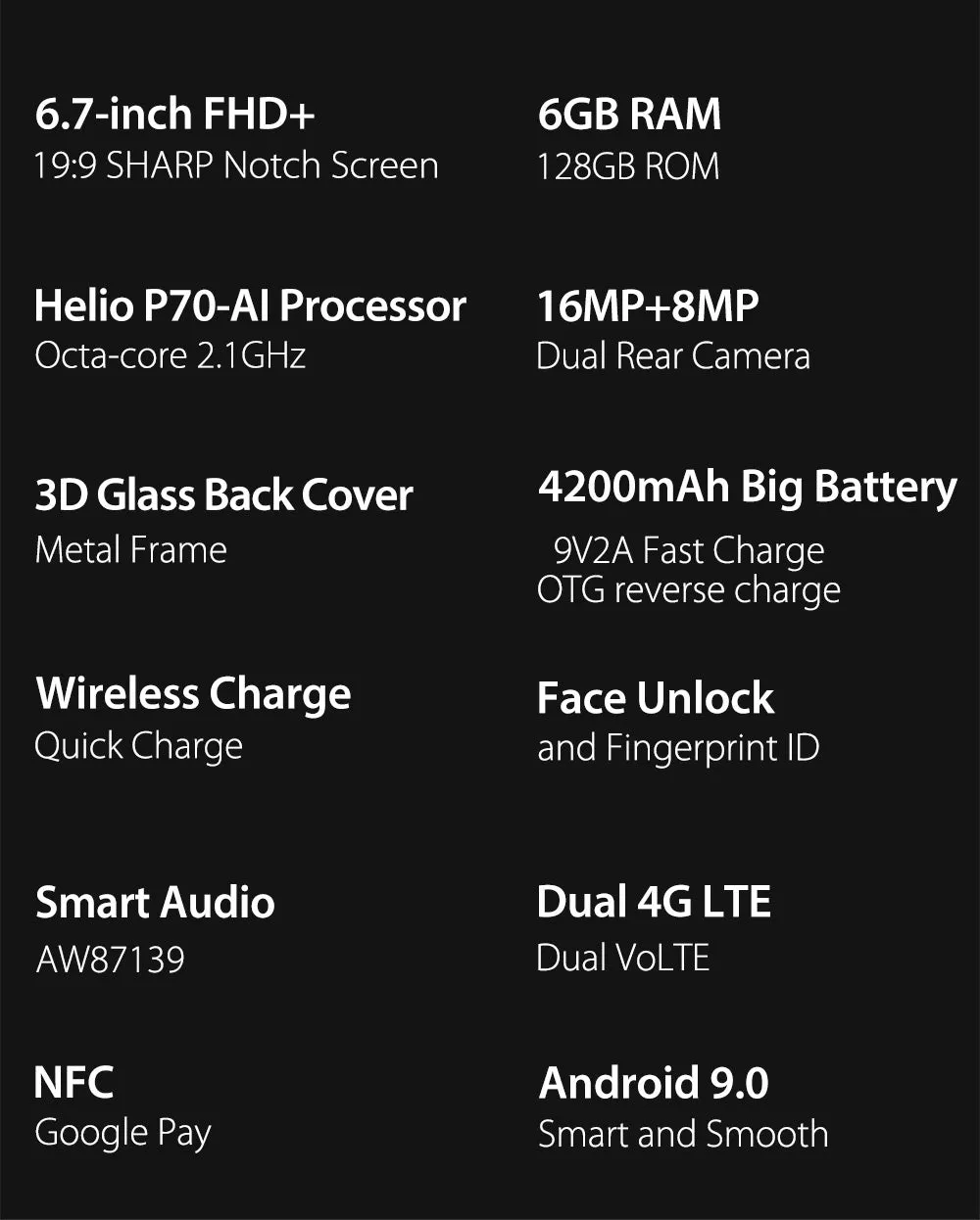Ulefone T2 Smartphone Android 9.0 Dual 4G Cell Phone 6GB 128GB NFC Octa-core Helio P70 4200mAh 6.7"" FHD  Mobile Phone Android red