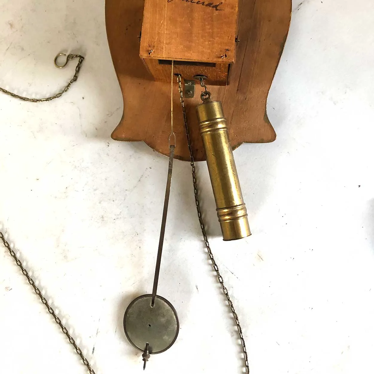 Unusual German Art Nouveau Brass and Beechwood Hanging Wall Clock