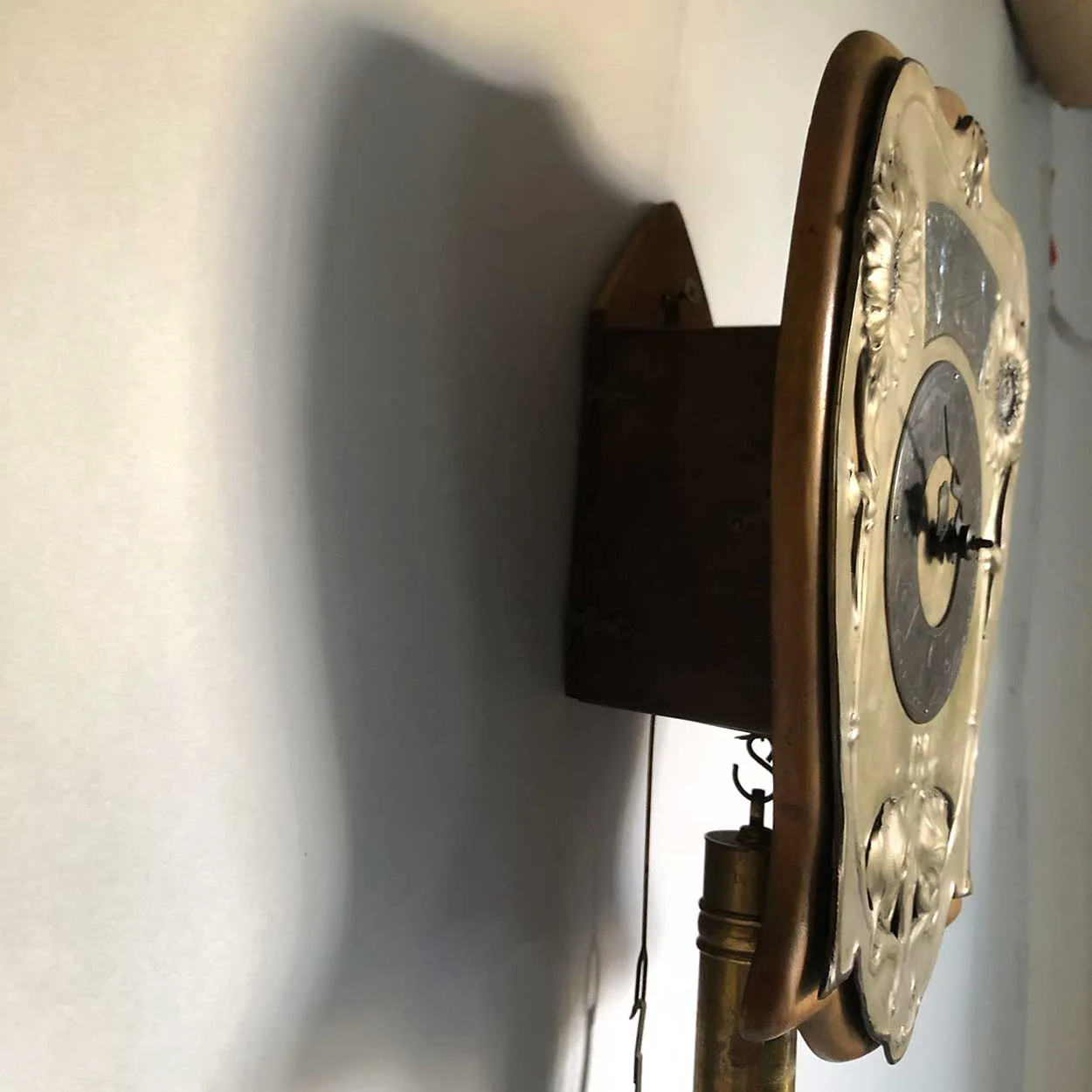 Unusual German Art Nouveau Brass and Beechwood Hanging Wall Clock