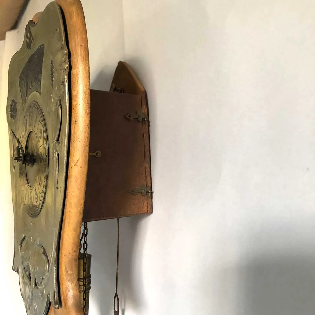 Unusual German Art Nouveau Brass and Beechwood Hanging Wall Clock