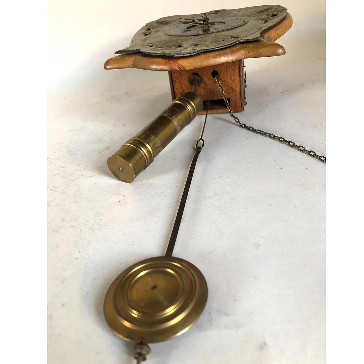 Unusual German Art Nouveau Brass and Beechwood Hanging Wall Clock